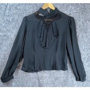 David Benjamin Blouse Womens Large Black Ruffle Lace Sheer Mock Neck Button Back